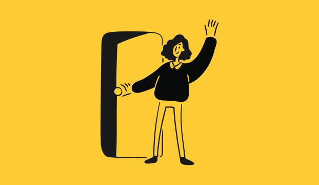 Ilustración que representa a una persona saludando y abriendo una puerta